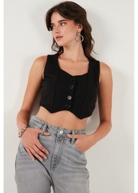 Resim Lela Slim Fit Kalp Yaka Düğmeli Kalın Askılı Crop Bayan Yelek 5865497 Siyah 