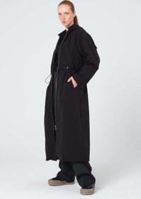 Resim Kapüşonlu Bi Stretch Trençkot - Siyah - S/M 