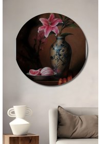 Resim Pembe Zambak Sulu Boya Görünümlü Dekoratif Ahşap Tablo Yuvarlak Duvar Tablosu--- 50 X 50 