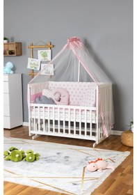 Resim Ahşap Beşik Anne Yanı Beşik Beyaz 60x120 - Pembe Yıldız 3 Yastıklı Uyku Seti + Yataklı Beyaz 