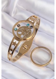 Resim 316l Çelik Altın Renk İçi Yaşam Ağacı Ve Nazar Boncuk Figürlü Açılabilir Fanus Kelepçe-24335 Çok Renkli 