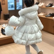 Resim Kızlar için Kapüşonlu ve Kürk Detaylı - Kalın Sıcak Uzun Mont, A-Line Siluetli Düğme İle Başlayan Ceket, 3-8 Yaş Çocukları ile Beyaz Kar Tulum (Günlük Şık Giyim) Puf Kol, Ýaýlan Etek Ve Takılabilir Baskı Iç ıyısı ileyen Saf prenses montu, 3 Sezonluy Mevsimlik Üst Geymi Sozgysly Hava Geyimi Dayanimdyryjylary 