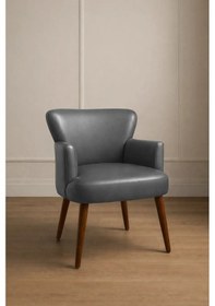 Resim Waterybrook Tekli Berjer Koltuk - Suni Deri - Ceviz Ahşap Ayaklı - Modern Retro Tasarım - Ofis Ve Salon Koltuğu Gri 