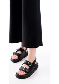 Resim 24413-572 Siyah Günlük Dolgu Topuk Toka Aksesuarlı Kadın Sandalet Altın - Taba 