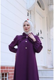 Resim HNT Hayrunnisa Tesettür Fiyonklu Düğme Detaylı Tesettür Elbise Mürdüm HNT1012 