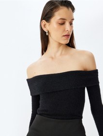 Resim Koton Koton X Sibil Çetinkaya - Slim Fit Uzun Kollu Omzu Açık Peluş Kazak Siyah 5wak50070ek Siyah 