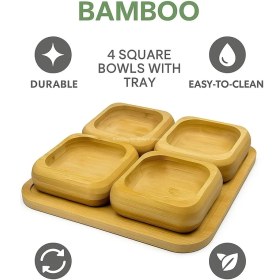 Resim Doğal Bambu 4'lü Kare Bölmeli Çerezlik Seti Sunumluk Servis Tabağı Atıştırmalık Kase 