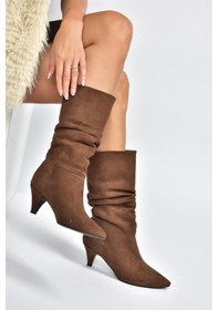 Resim Fox Shoes L404810602 Kahverengi Süet Kısa Topuklu Büzgülü Kadın Bot Kahverengi-süet 