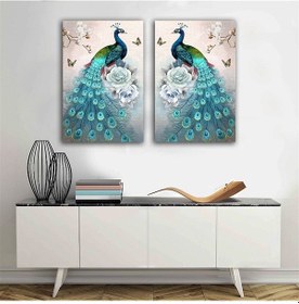 Resim Turkuaz Tavus Kuşları Kanvas Tablo 2 Parça Set 