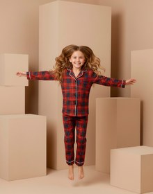 Resim rindahomewear Anne-Kız Kırmızı Ekose Desenli Örme Düğmeli Uzun Kollu Pijama Takımı 