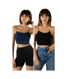Resim Veaven 2'li Paket Kadın Lacivert-siyah Ip Askılı Pamuklu Crop Top Büstiyer Bluz Atlet Lacivert-antrasit 