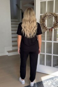 Resim Kadın Büyük Beden Kısa Kollu Kabartma Baskılı Yanı Şeritli Eşofman Takımı 8269-26 - Bordo / 3XL 