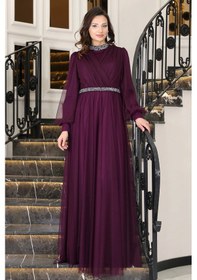 Resim Raika Moda Senna Taş Detaylı Büyük Beden Şık Tesettür Abiye Mürdüm 