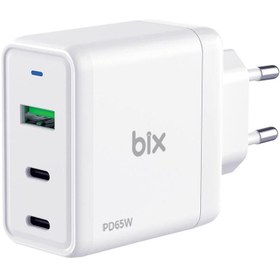 Resim Bix BX3P65G Gan 65W USB Qc 4.0 ve 2*type-C Pd 3.0 Üç Portlu Akım Korumalı Hızlı Şarj Cihazı Beyaz BX-3P65G 