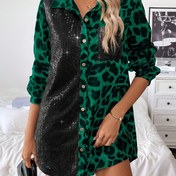 Resim Zarif Leopar Desenli & Pullu Panel Uzun Kollu Gömlek - Sonbahar/Kış için Rahat Şık, Makinede Yıkanabilir, Şık Tarz, İlkbahar/Sonbahar 