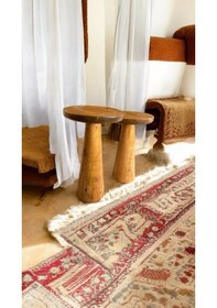 Resim Wood Ahşap 2'li Set Konik Model Mantar Yan Sehpa Tik Ağacı Renk 