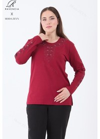 Resim Kadın Bordo Şerit Çiçek Desenli Taşlı Yırtmaçlı Likralı Viskon Anne Penye Bluz 