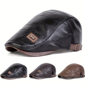Resim Erkekler için Ayarlanabilir Suni Deri Bere - Sonbahar & Kış için Şık Dış Mekan Şapkası, Seyahat & Plaj Partileri için Mükemmel 