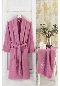 Resim Şalyaka Kadın Erkek Pamuklu Havlulu Banyo Bornoz Takımı Mürdüm 