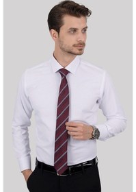 Resim Gömlek Kravat Seti (Bordo Çizgili Kravat & Beyaz Armür Desenli Sl Beyaz 