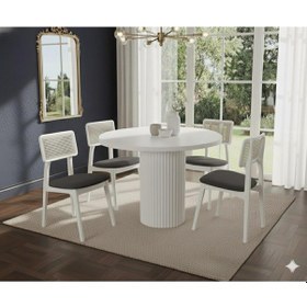 Resim Doğal Ahşap Yuvarlak Zion Yemek Masası Takımı 4 Kişilik Modern Scandinavian Stil Beyaz Antrasit 