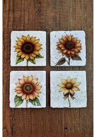 Resim Doğal Taş Bardak Altlığı - Sarı Çiçekler Temalı 10x10cm Stone Coasters Çok Renkli 