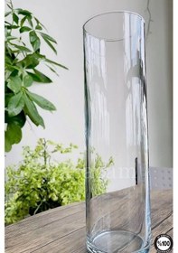 Resim Delizli El Imalati 15 Cm Genişlik - 40 Cm El Işciliği Silindir Vazo Cam Ps40 Kalın Taban Beyaz 