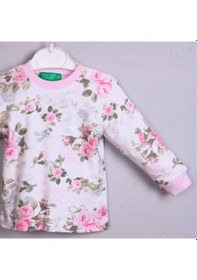 Resim Büyük Çiçek Desenli Kız Bebek Eşofman Takımı %100 Pamuk Pembe 