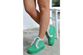 Resim Mida Shoes Simya Yeşil Süet Bağıcıklı Kürklü Kadın Bot 