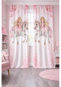 Resim Kız Çocuk Odası Çift Kanatlı Fon Perde Unicorn Prenses Desenli 
