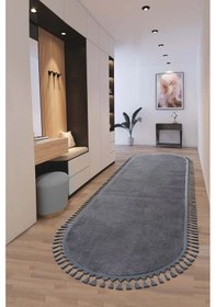 Resim Puffy Gri Oval Örgü Saçaklı Peluş Yumuşacık Yıkanabilir Kaymaz Taban Halı Salon Oturma Odası Antrasit 