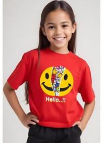 Resim Panios Kids Emoji Baskılı Kız Çocuk Kısa Kollu T-shirt Kırmızı 