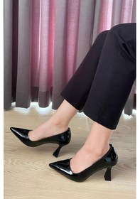 Resim Kadın Samba Siyah Rugan 7 Cm İnce Topuklu Stiletto Siyah Rugan 