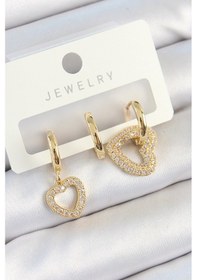 Resim Pirinç Zirkon Taşlı Kalp Model Gold Renk 3'lü Çift Kadın Küpe Set - Tj-bkp10825 Çok Renkli 
