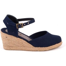 Resim Gerçek Elişi Topuğu Açık Bilekten Bantlı Dolgu Topuk Keten Hasır Kadın Espadril Handmade Lacivert 