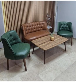 Resim Azra Mobilya Deri Çay Seti Koltuk Takımı + Sehpa - Oturma Grubu - Cafe Mobilya - Ofis Mobilya - Balkon Mobilya Kahve-yeşil 