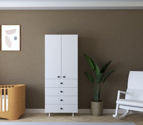 Resim Lilya Bebek Odası Dolap - 2 Kapaklı 4 Çekmeceli Askılık Dolap (Suntalam) - Beyaz / 60 cm / 30 cm 