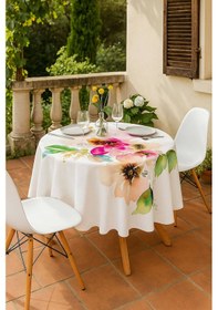 Resim Yuvarlak Pastel Çiçek Desenli Duck Kumaş Masa Örtüsü 150x150 Cm Çok Renkli 