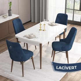 Resim Canisa Concept Are Serisi, Mdf 80X132 Açılabilir Beyaz Masa Ceviz Ayak Yemek Odası Takımı, 4 Sandalye Gümüş Halkalı 