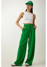 Resim Trend Alisse Kadın Yeşil Beli Cırt Cırtlı Pileli Bol Paça Palazzo Pantolon Wide Leg Yeşil 