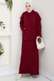 Resim Bestenur Kapüşonlu Tunik Elbise Triko Takım 1645 - Bordo Bordo 