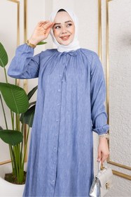 Resim adamila Kadın Mavi Yaka Bağlama Detaylı Uzun Tunik Gömlek Elbise 120 CM Tesettür Salaş Oversize Düğmeli Yazlık Tunik 