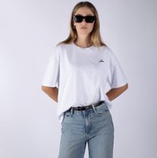 Resim Nordbron Kadın Beyaz Kramer Basic Bisiklet Yaka Oversize T-shirt %100 Pamuk Logo Baskılı Kısa Kollu Spor 