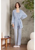 Resim Pierre Cardin Dantelli Penye 3'lü Kadın Lohusa Pijama Takımı 2805 - Mist Mavi 