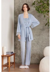 Resim Pierre Cardin Dantelli Penye 3'lü Kadın Lohusa Pijama Takımı 2805 - Mist Mavi 
