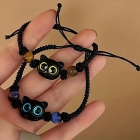 Resim 2 adet Vintage Siyah Kedi Reçine Takı Bilezikleri - Parlayan Gözlerle Renkli Taşlar İçeren Ayarlanabilir Siyah Boncuklu Bilezikler, Günlük Giyim İçin Mükemmel, Her Gün Bilezik|Kedi Kulak Takı|Ayarlanabilir Bilezik 