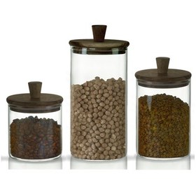 Resim 3'lü Silindirik Sap Akasya Kapaklı Yüksek Borosilikat Cam Saklama Kavanozu Seti - 500ml - 1000ml - 1500ml Şeffaf 