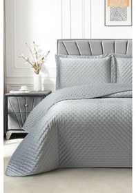 Resim Parma Çift Kişilik Lüks Kadife 240x260 Cm Yatak Örtüsü Gri Gri 