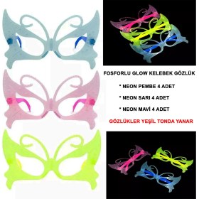 Resim Fosforlu Kelebek Model Glow Parti Gözlüğü Karanlıkta Yanan Gözlükler 12 Adet 