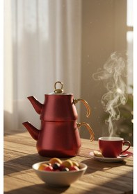 Resim Granit Kaplama Gold Kulplu Cam Kapak Çaydanlık Bordo Bordo 